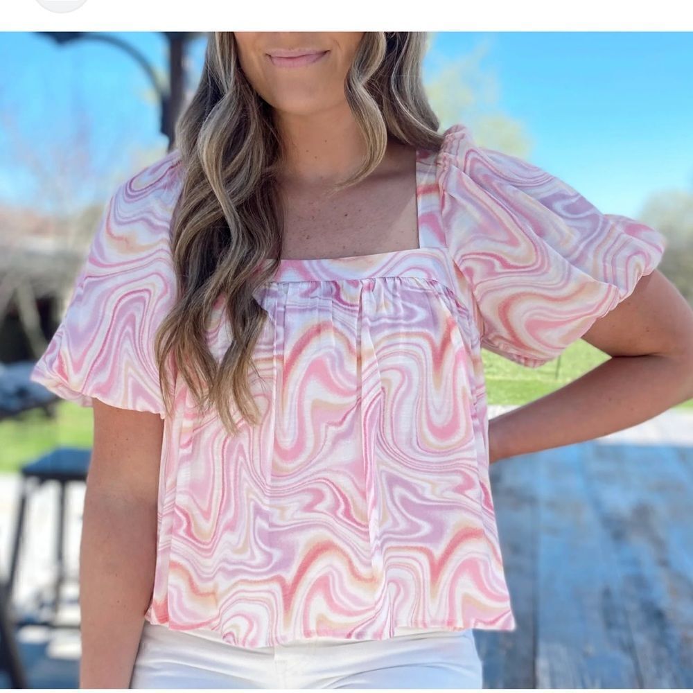 Moon River, sunshine, swirls, pastel and white square, neck, blouse, size medium